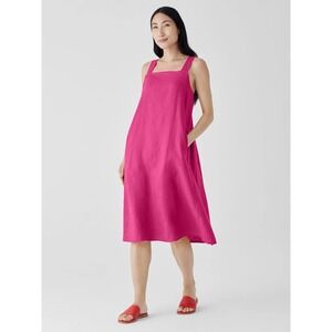 Eileen Fisher Organic Linen Square Neck Midi Dress Fuchsia Pink Womens Large